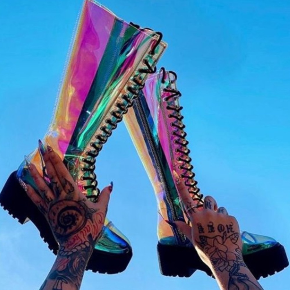 NIB 🦋Holographic Lace Up Knee Boots🦋 - Picture 6 of 6